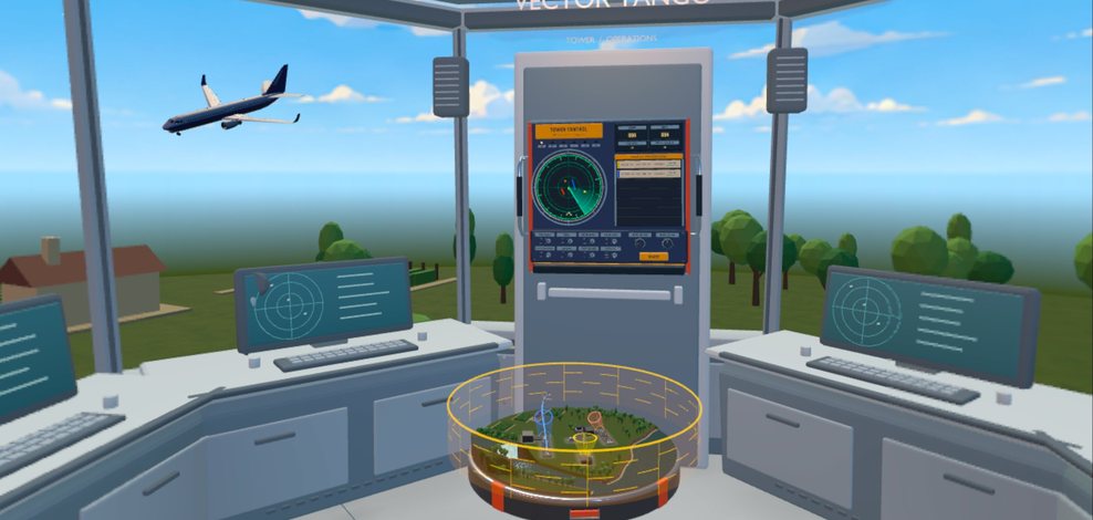 The Vector Tango control tower cab with the airport board and radar