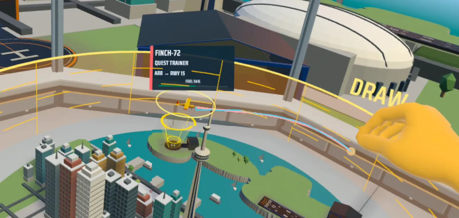 A tracked hand draws a route over the Toronto board in Vector Tango