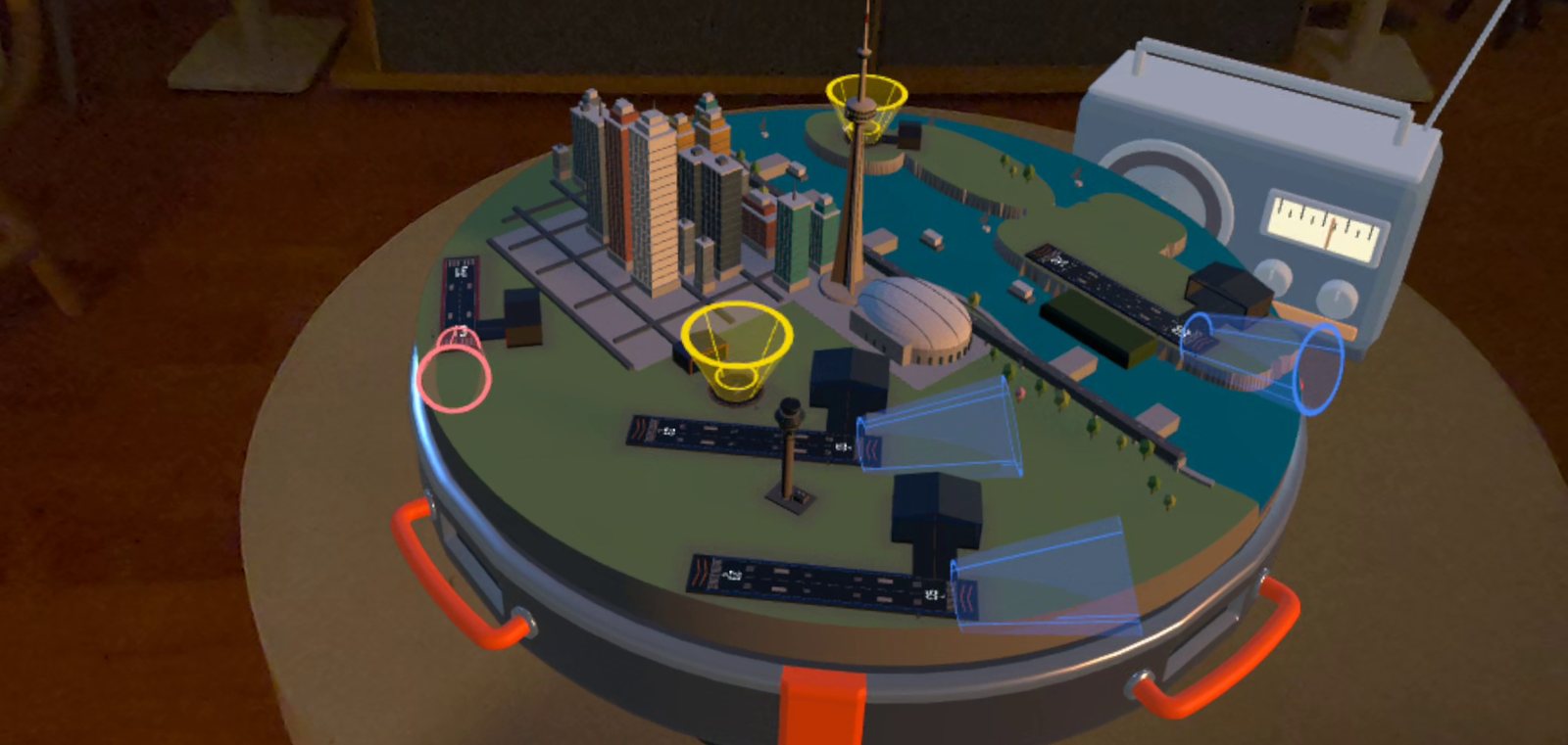 The Toronto board on a real table in mixed reality, with runways and departure cones