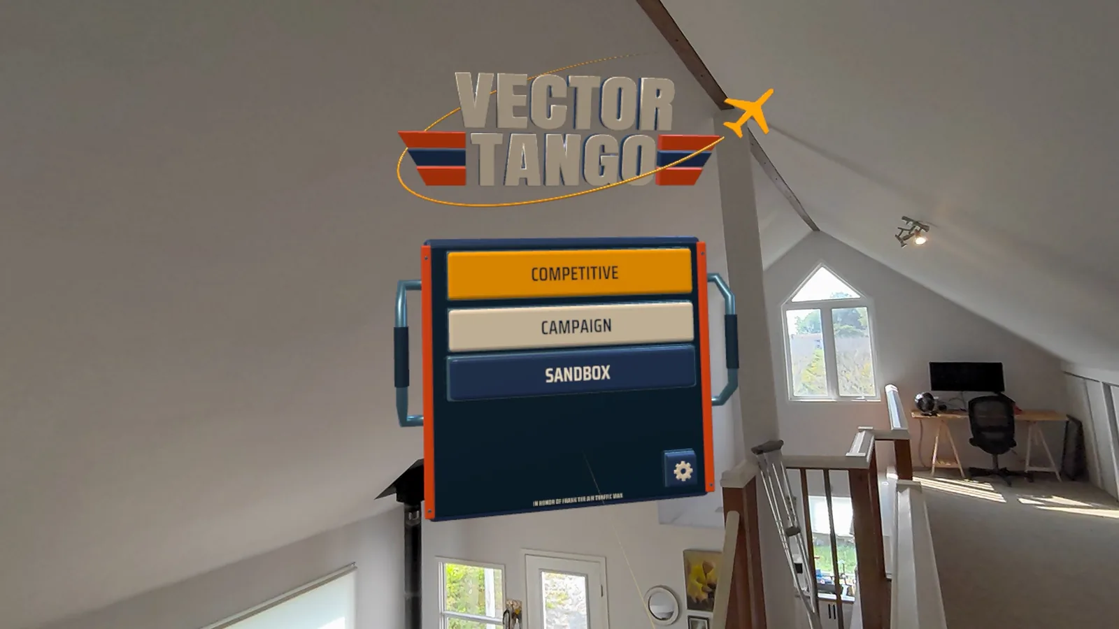 The Vector Tango title deck floating in a room under a vaulted ceiling